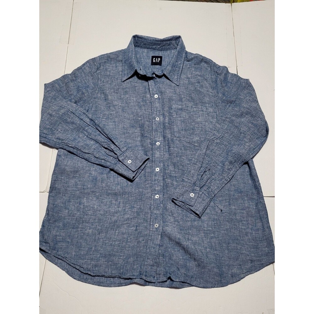 (#20)Gap Women's Long Sleeve Button Up Flowy Linen Top Size L Blue